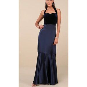 Lulus Maxi Formal Dress XL Navy Blue Satin Velvet Halter Flowy NEW